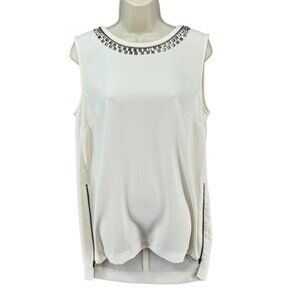 Halogen Mini Shift Dress White Sleeveless Studded Neck Size L